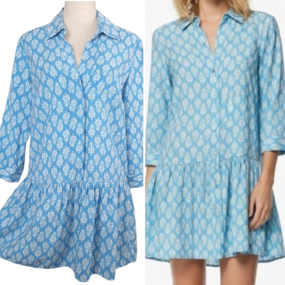 Zara Collared Dress Size‎ S Blue Printed Tiered 3/4 Sleeve Modal Blend Flowy